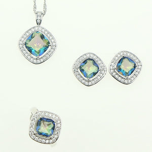 Bride Sterling Silver 925 Jewelery Rainbow Blue Fire Cubic Zirconia Jewelry Sets For Women Earrings Pendant Necklace Ring