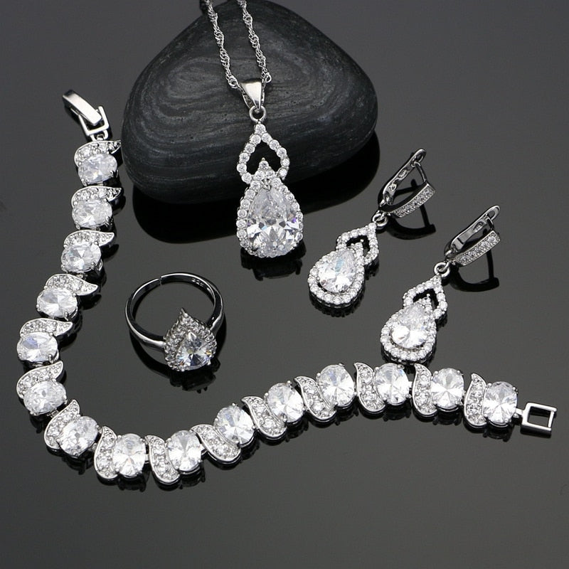 925 Silver Jewelry Sets Natural White Zircon Jewelry For Women Party Engagement Natural Water Drop Crystal Necklace Set