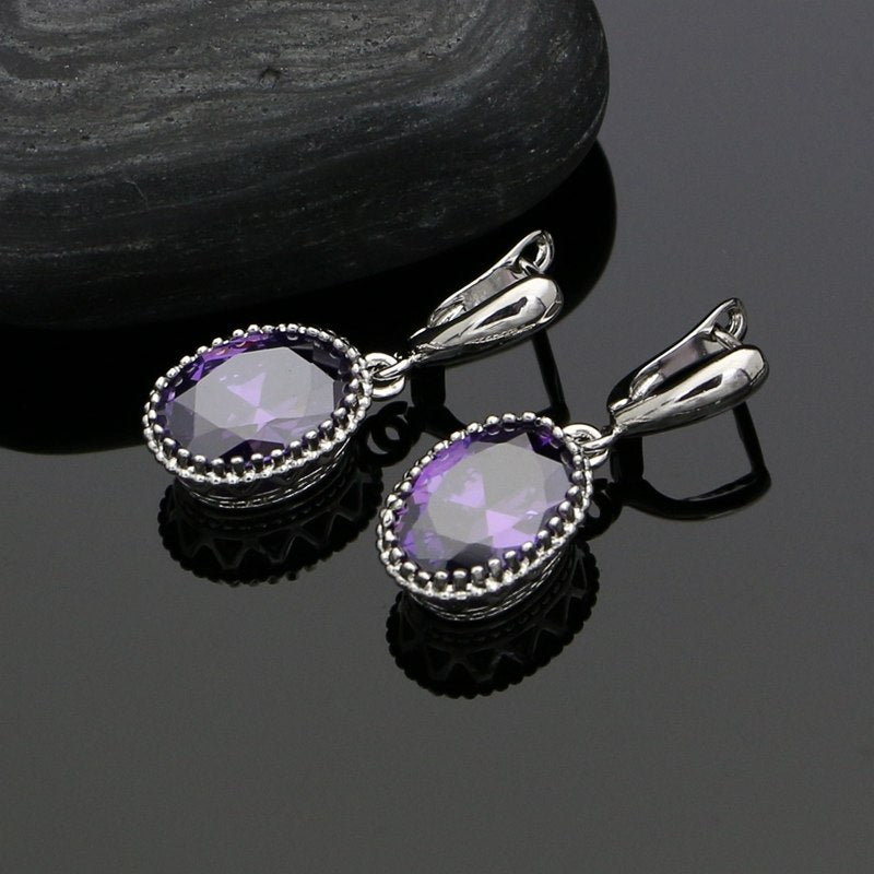 925 Silver Jewelry Sets For Women Party Accessories Purple Cubic zirconia Drop Earrings/Rings/Bracelet/Pendant/Necklace Set