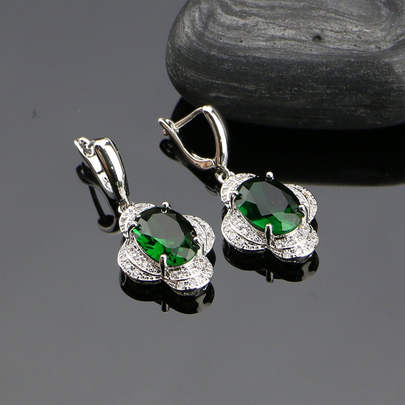 Natural Green Cubic Zirconia White CZ 925 Sterling Silver Jewelry Sets Women Wedding Earrings/Ring/Bracelet/Pendant/Necklace