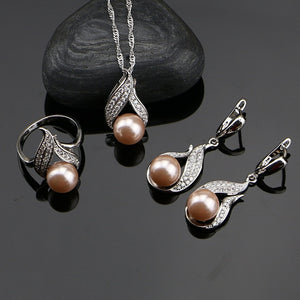 925 Silver Jewelry Sets Pink Freshwater Pearls With White Beads Women Wedding Earrings/Pendant/Ring/Necklace Set