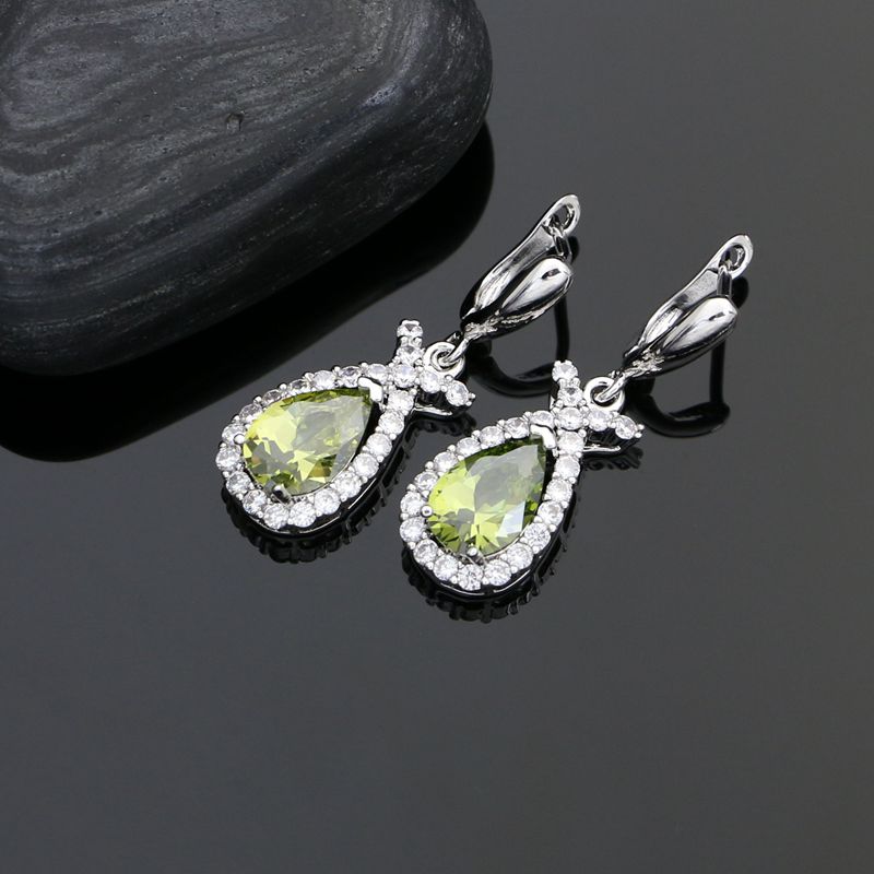 Silver 925 Engagement Jewelry Sets For Women Olive Green Cubic Zirconia White Crystal Earrings/Ring/Bracelet/Necklace/Pendant