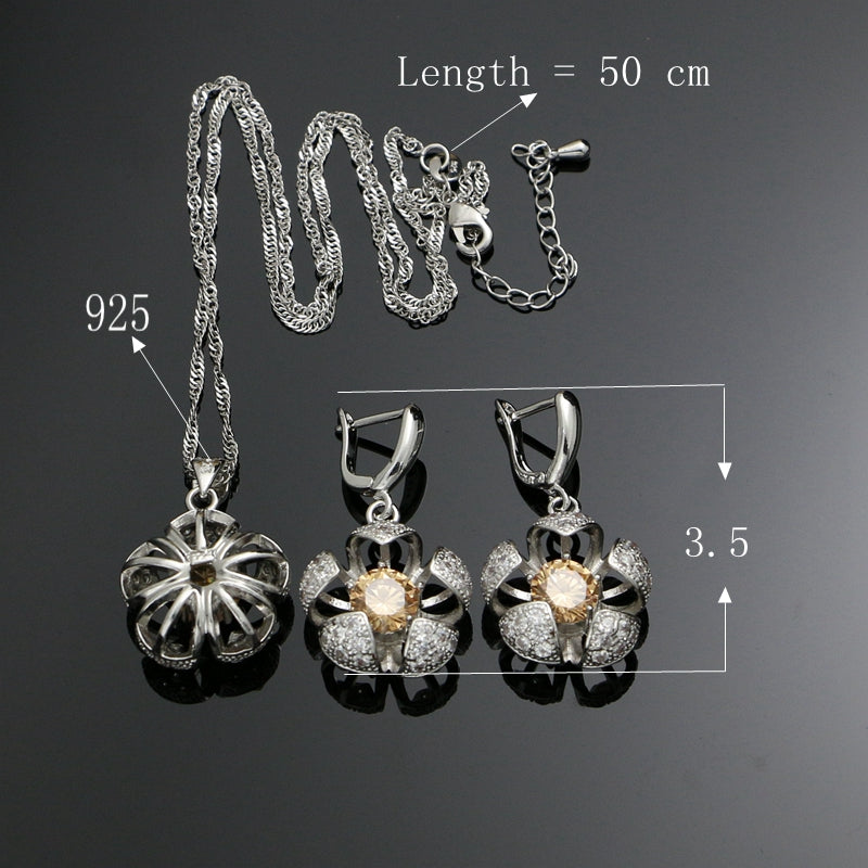  Flowers 925 Silver Bridal Jewelry Sets Champagne Zircon White CZ Vintage Necklace Set Wedding Jewelry Earrings For Women 4PCS