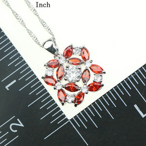 Flower Red Garnet White Zircon Sterling Silver 925 Jewelry Sets For Women Wedding Necklace/Earrings/Pendant/Rings Free Gift Box