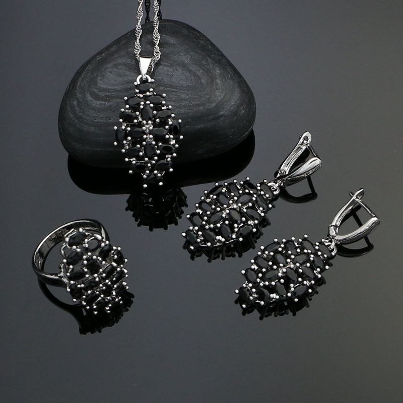 925 Silver Jewelry Sets For Women Party Accessories Black Cubic Zirconia Earrings Ring Necklace Pendant