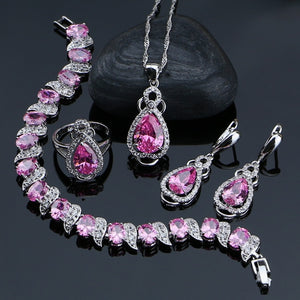 Pink Zircon White CZ Wedding 925 Sterling Silver Jewelry Sets For Women Earrings/Rings/Bracelet/Pendant/Necklace Set