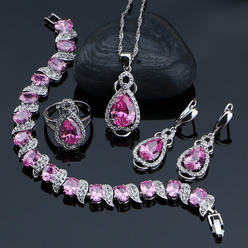 Pink Zircon White CZ Wedding 925 Sterling Silver Jewelry Sets For Women Earrings/Rings/Bracelet/Pendant/Necklace Set