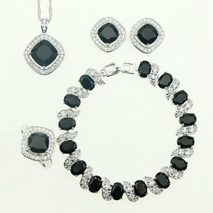 Black Cubic Zirconia White CZ 925 Sterling Silver Jewelry Sets For Women Earrings/Pendant/Ring/Bracelet/Necklace Set