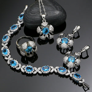 Flower Silver 925 Jewelry Blue CZ White Crystal Jewelry Sets For Women Wedding Accessories Luxury Europeans Americans Jewellry