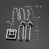 925 Silver Jewelry Sets Square Blue Cubic Zirconia White Crystal For Women Wedding Earrings/Rings/Bracelet/Pendant/Necklace Set