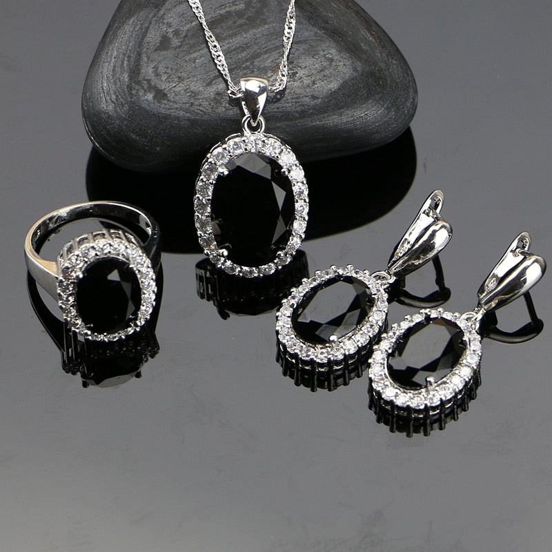 New Fashion Black Cubic Zirconia Crystal Sterling Silver 925 Jewelry Sets Jewelry Set For Women Earrings/Pendant/Necklace/Rings 