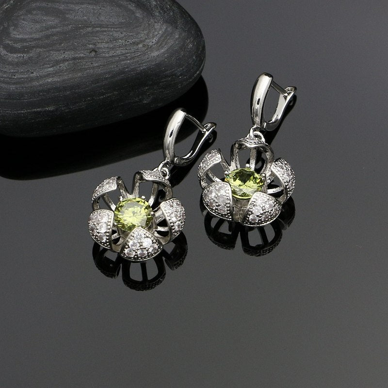 Olive Green Cubic Zirconia White Crystal Flower 925 Silver Jewelry Sets For Women Wedding Earrings/Rings/Pendant/Necklace Set