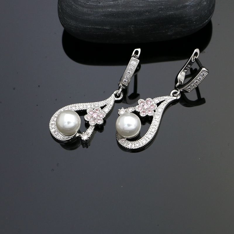 Silver 925 Jewelry Sets Pink Flower White Pearl Beads For Women Party Accessories Earrings Pendant Necklace Bracelet Ring