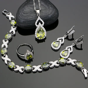 Olive Green Cubic Zirconia Silver 925 Jewelry Sets For Women Wedding Open Ring Accessories Europeans Americans Necklace Set