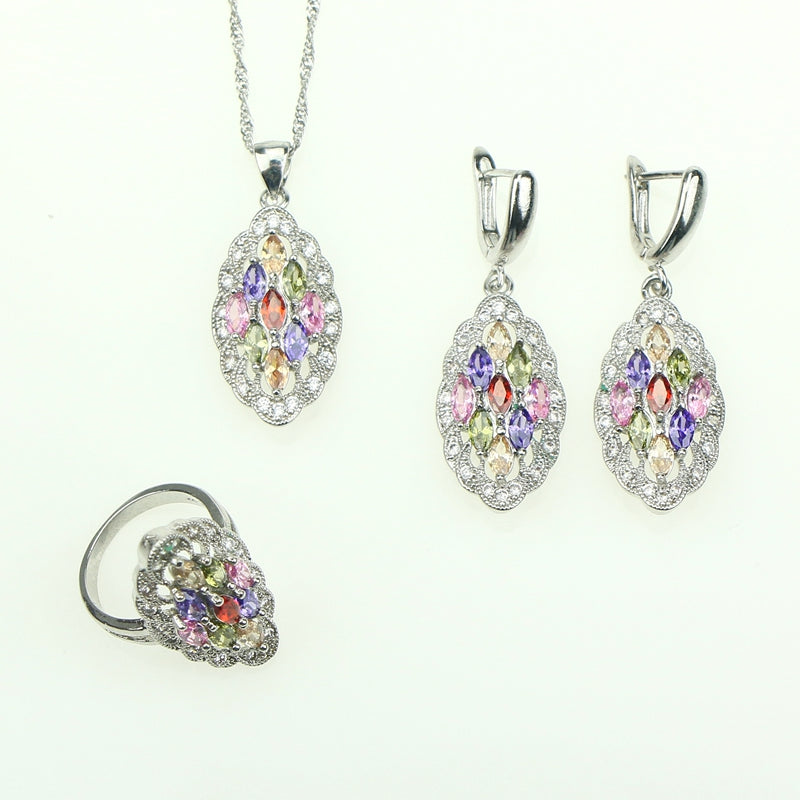 Colorful Multicolor Cubic Zirconia Crystal Jewelery 925 Sterling Silver Jewelry Sets Earrings/Pendant/Necklace/Ring For Women 