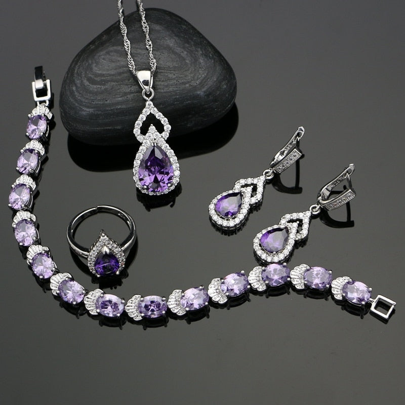 925 Sterling SilverJewelry Purple CZ White Crystal Jewelry Sets Decoration For Women Wedding Open Ring Earrings Necklace Set