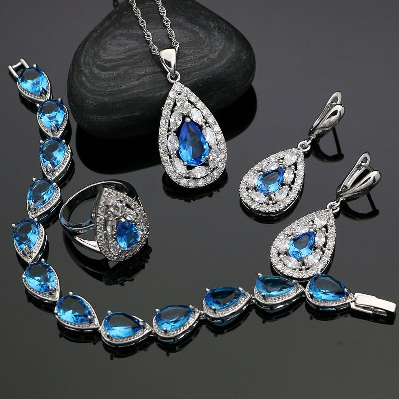 Women 925 Silver Jewelry Sky Blue Cubic Zirconia White Crystal Earrings/Pendant/Necklace/Ring/Bracelet Jewelry Sets 