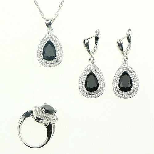 Water Drop Black Natural Gem Stone 925 Sterling Silver Jewelry Set Necklace/Pendant/Earrings/Rings/Bracelet For Women Free Box