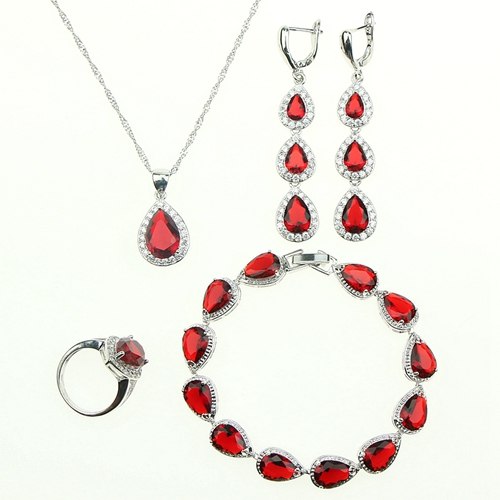 Women Drop Red Garnet White Zircon Created 925 Sterling-Silver-Jewelry Sets Bracelet/Earrings/Pendant/Necklace/Rings Free Box