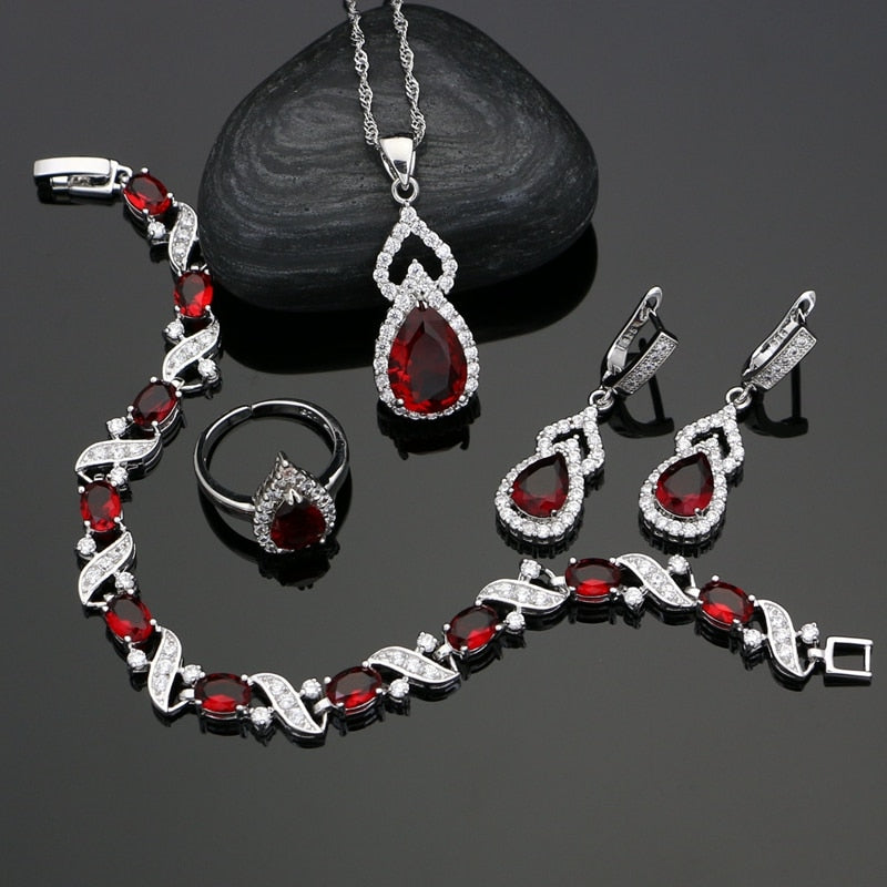 Water Drop Silver 925 Jewelry Natural Red Stone Party Jewelry Sets For Women Accessories Earrings Open Ring Necklace Set 