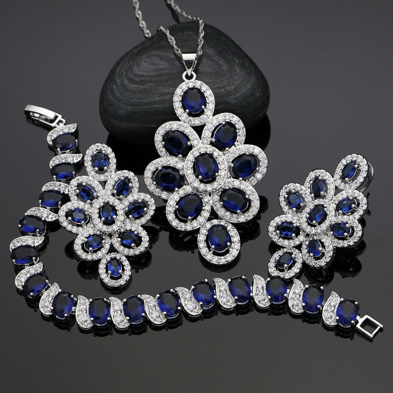 Wedding 925 Silver Jewelery Blue Cubic Zirconia Jewelry Sets Necklace/Earrings/Pendant/Bracelet For Women