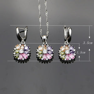 Bride 925 Sterling Silver Jewelry Sets For Women Flower With Multicolor Cubic Zirconia Necklace/Ring/Earrings/Bracelet/Pendant