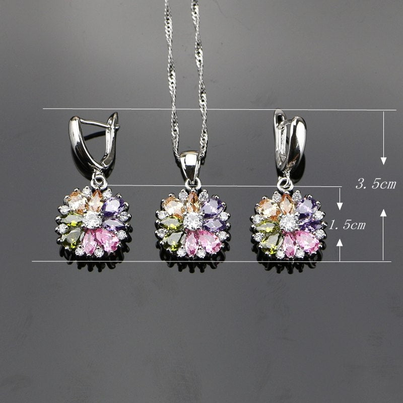 Bride 925 Sterling Silver Jewelry Sets For Women Flower With Multicolor Cubic Zirconia Necklace/Ring/Earrings/Bracelet/Pendant