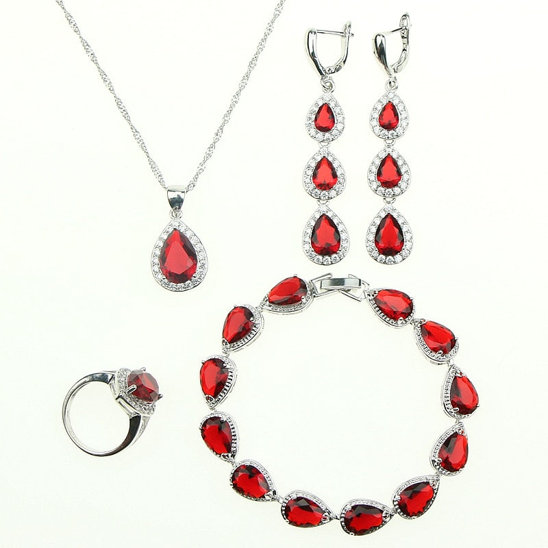 Women Drop Red Garnet White Zircon Created 925 Sterling-Silver-Jewelry Sets Bracelet/Earrings/Pendant/Necklace/Rings Free Box