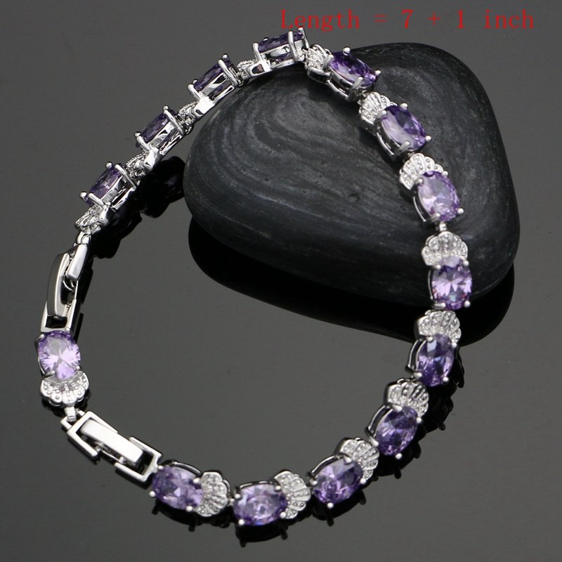 925 Sterling SilverJewelry Purple CZ White Crystal Jewelry Sets Decoration For Women Wedding Open Ring Earrings Necklace Set