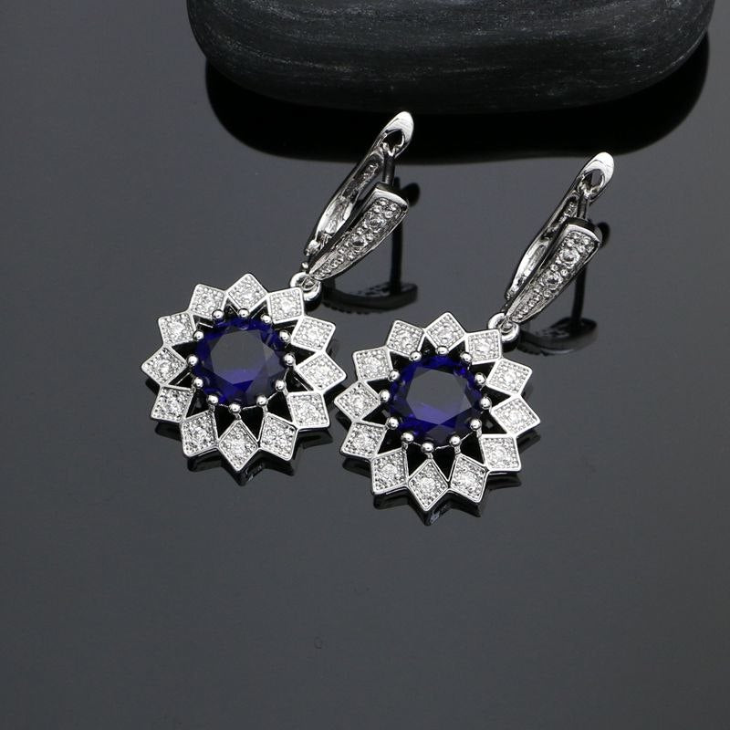 Silver 925 Jewelry Sets With Blue Stones White Crystal Party Earrings Ring Necklace Pendant For Women