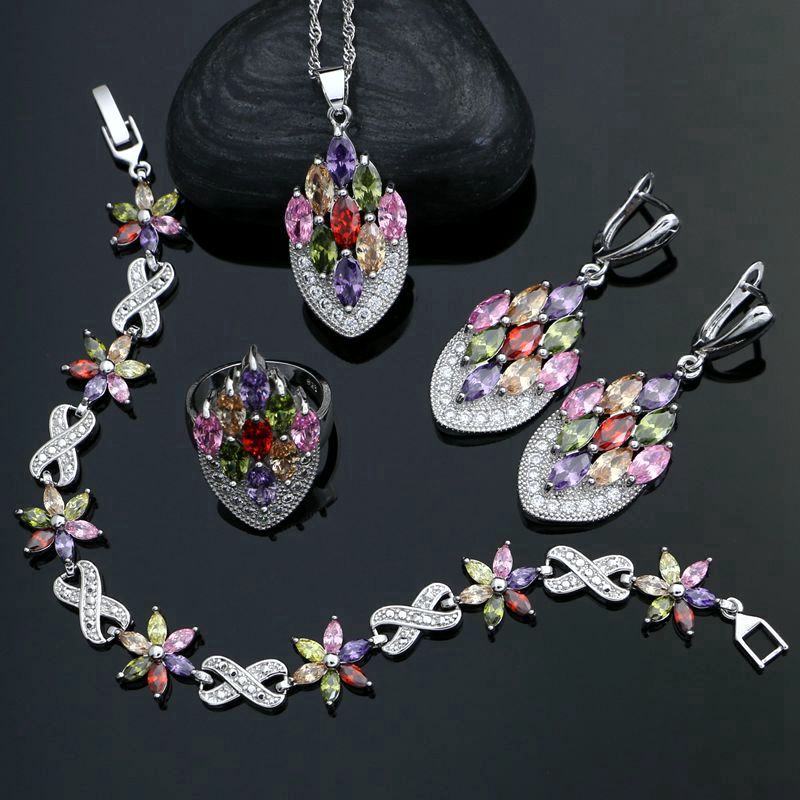 925 Sterling Silver Bridal Jewelry Sets For Women Multicolor Cubic Zirconia Earrings/Pendant/Necklace/Ring/Bracelet Set