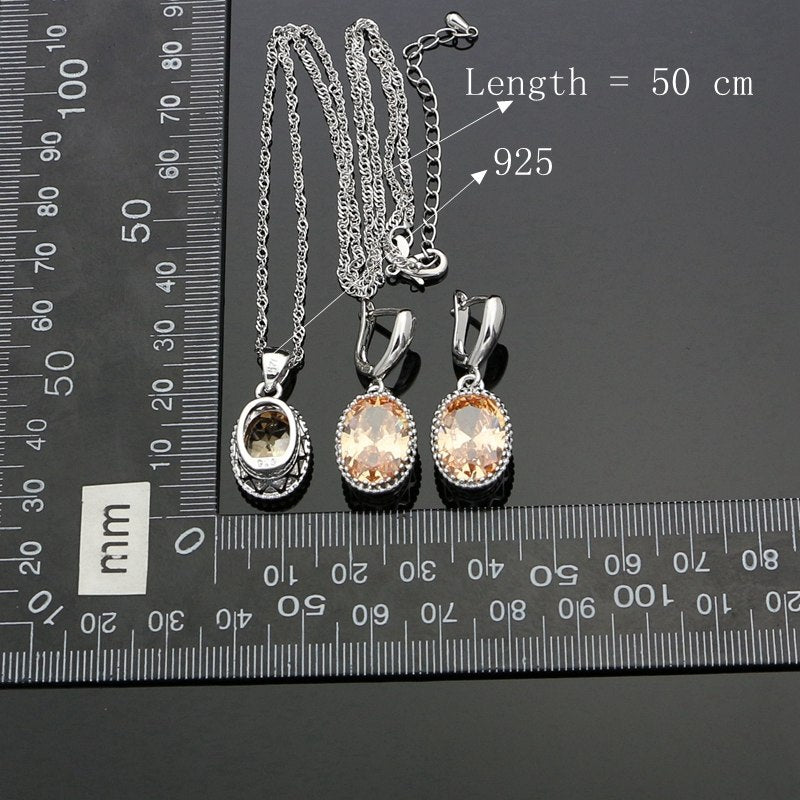 Champagne Crystal White Zircon 925 Sterling Silver Jewelry Sets For Women Earrings/Rings/Pendant/Necklace Set