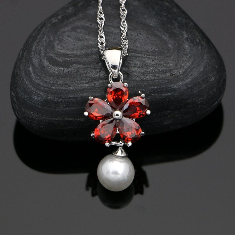 Flower Shaped 925 Silver Jewelry Sets Freshwater Pearls Red zircon For Women Wedding Earrings/Pendant/Ring/Necklace Set