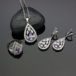 Luxurious Purple Cubic Zirconia White Crystal 925 Sterling Silver Jewelry Sets Earrings/Pendant/Ring/Necklace Set For Women