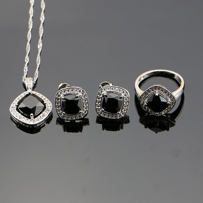  925 Sterling Silver Black Cubic Zirconia White Zircon Jewelry Set For Women Wedding Earring Rings Pendant Necklace Set