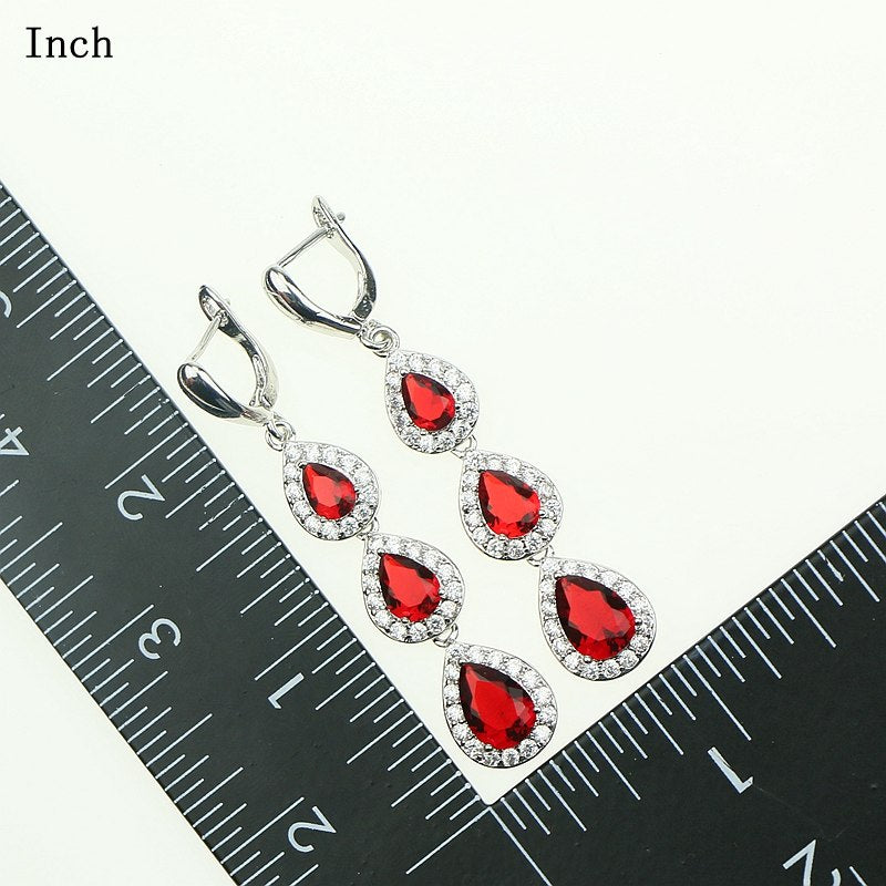 Women Drop Red Garnet White Zircon Created 925 Sterling-Silver-Jewelry Sets Bracelet/Earrings/Pendant/Necklace/Rings Free Box