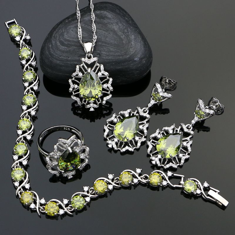 925 Sterling Silver Party Jewelry Sets For Women Decoration Olive Green Cubic Zirconia Earrings/Ring/Bracelet/Necklace/Pendant