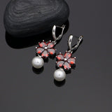 Flower Shaped 925 Silver Jewelry Sets Freshwater Pearls Red zircon For Women Wedding Earrings/Pendant/Ring/Necklace Set