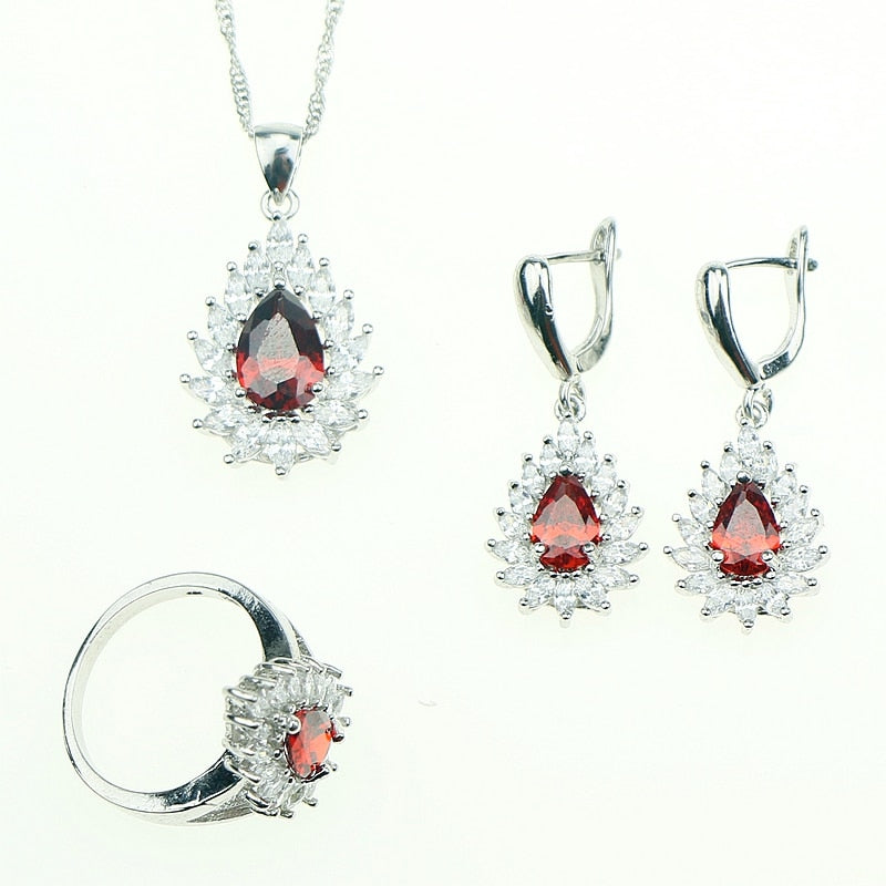 2017 Red Garnet Cubic Zirconia White Crystal Jewelery Sterling Silver 925 Jewelry Sets For Women Necklace/Earrings/Ring/Pendant 