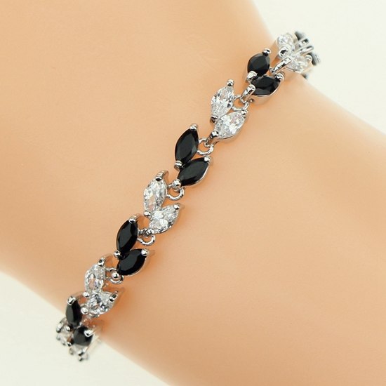 Bridal 925 Sterling Silver Jewelry Overlay Alluring Black&White Zircon 16.5cm/19cm Chain Link Bracelet For Women Free Gift Box