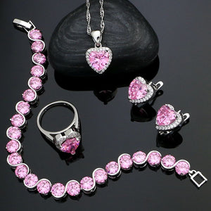 925 Sterling Silver Bridal Jewelry Sets White Crystal Pink Stone Earrings/Pendant/Necklace/Ring/Bracelet For Women Decoration