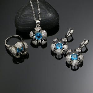 Flower Silver 925 Jewelry Sky Blue Cubic Zirconia White Crystal Beads Jewelry Sets Weeding Earrings/Pendant/Ring/Necklace Set