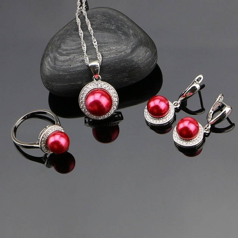 925 Sterling Silver Jewelry Sets Red Simulated Pearls With White Beads Women Wedding Earrings/Pendant/Ring/Necklace Set