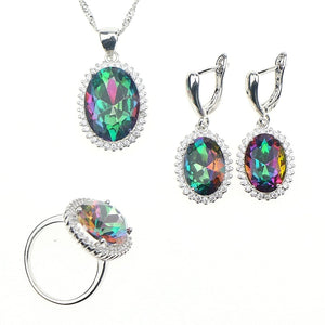 Oval Mystic Rainbow Fire Crystal Zircon 925 Sterling silver jewelry Sets Women Wedding Pendant/Necklace/Ring/Earrings Free Box