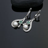 925 Silver Jewelry Sets For Women Pearl Beads Green Flower White Cubic zirconia Earrings Necklace Pendant Ring Set