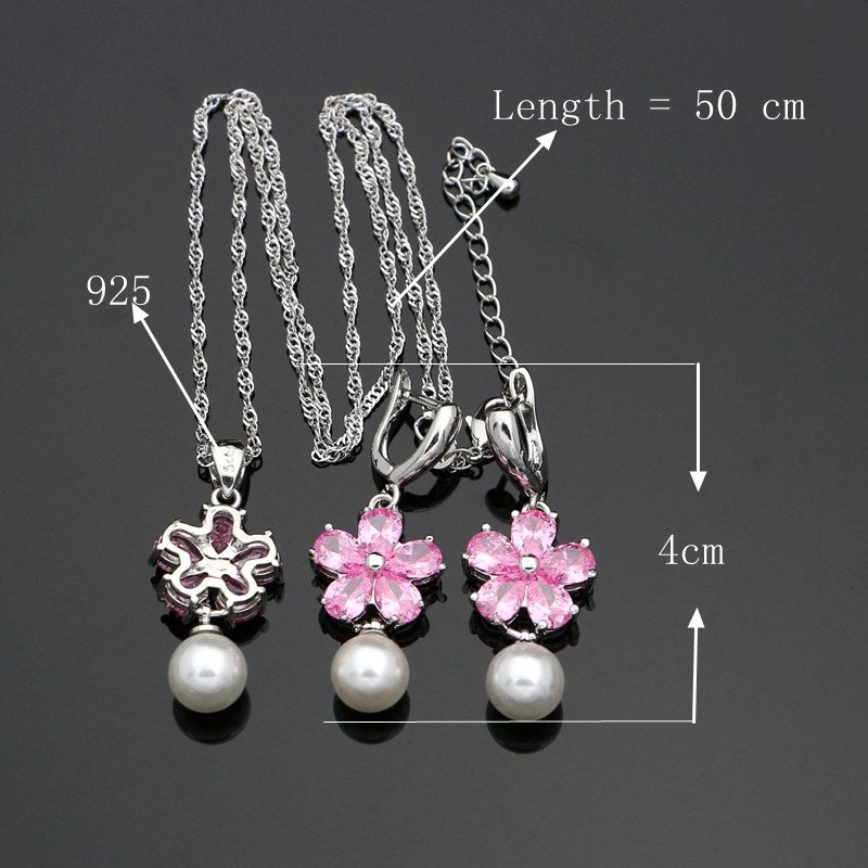 925 Silver Jewelry Sets Freshwater Pearls Pink zircon For Women Wedding Flower Sterling Silver Jewelry Earrings Necklace Set