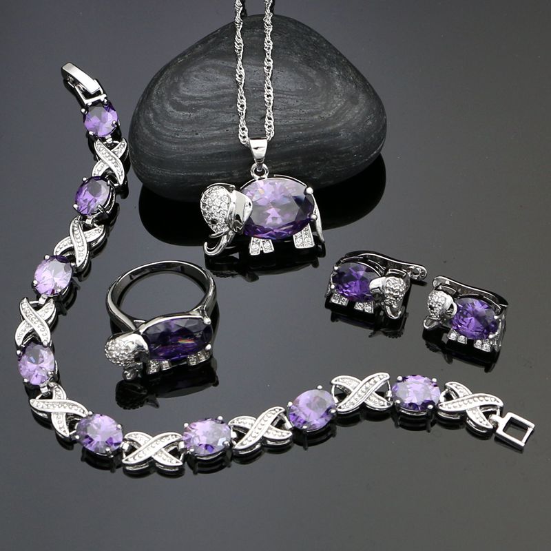 Animal Elephant Shaped Silver 925 Jewelry Sets For Women Purple CZ White Crystal Earrings/Pendant/Ring/Bracelet/Necklace Set