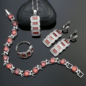 Silver 925 Wedding Jewelry Sets Red Stone White Cubic Zirconia Earrings/Pendant/Necklace/Ring/Bracelet For Women 