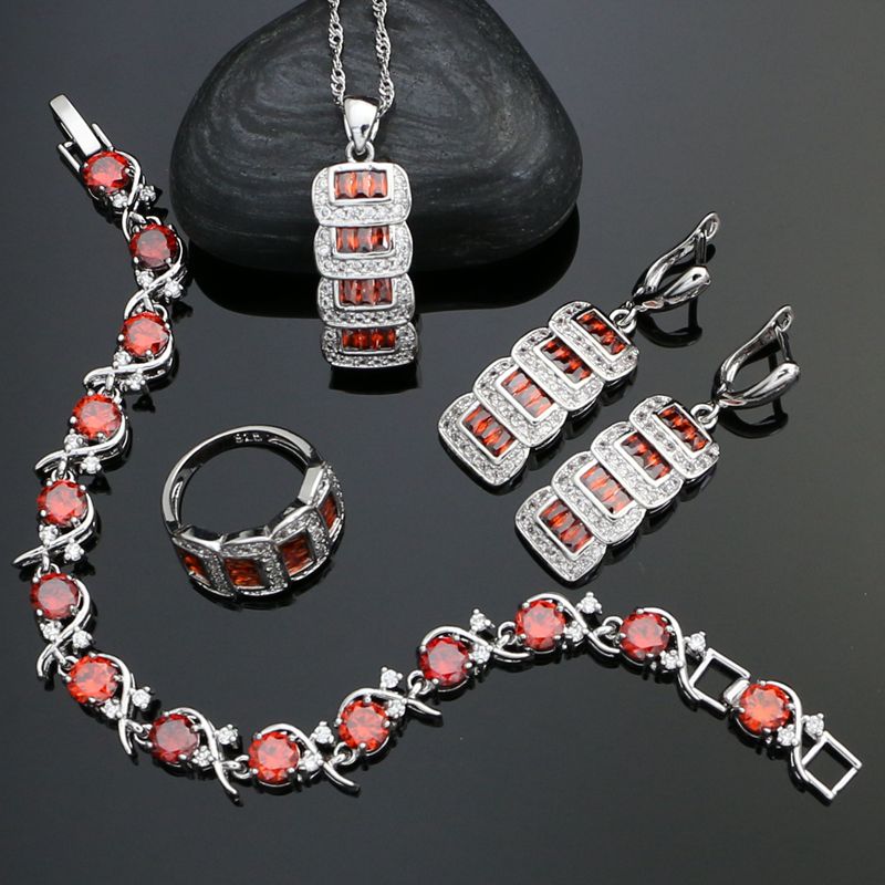 Silver 925 Wedding Jewelry Sets Red Stone White Cubic Zirconia Earrings/Pendant/Necklace/Ring/Bracelet For Women 