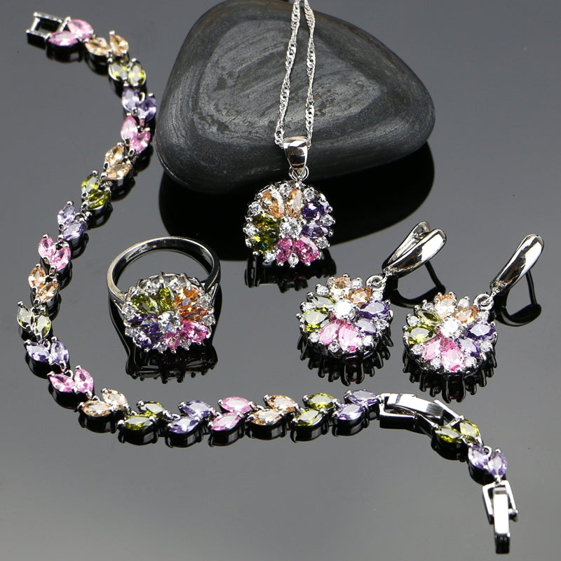 Bride 925 Sterling Silver Jewelry Sets For Women Flower With Multicolor Cubic Zirconia Necklace/Ring/Earrings/Bracelet/Pendant